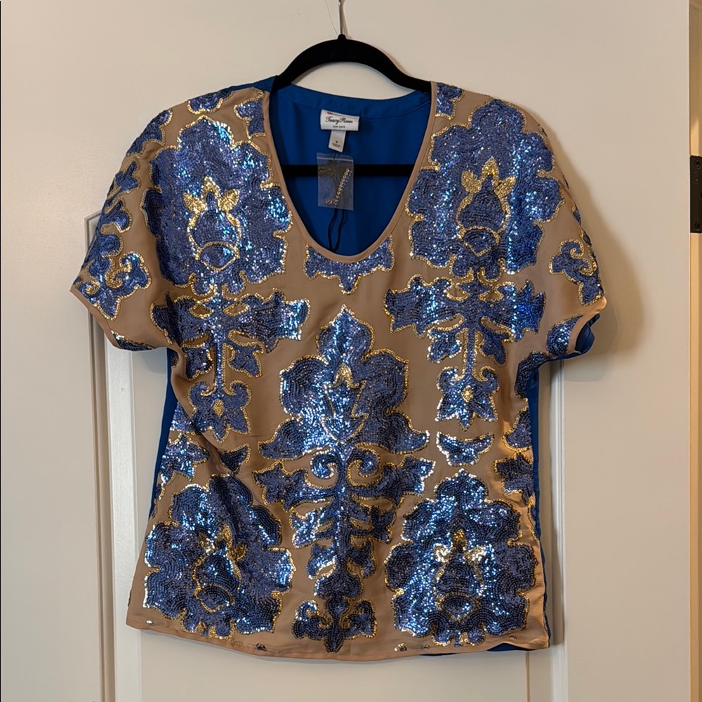 Tracy Reese Blue Gold Sequin Embellished Blouse